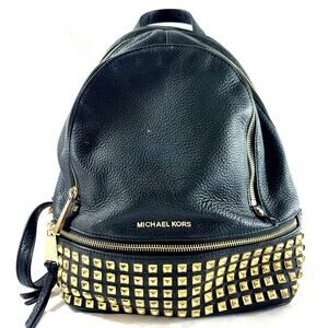 Michael Kors Rhea Zip Studded Black Pebbled Leather Backpack Gold Hardware